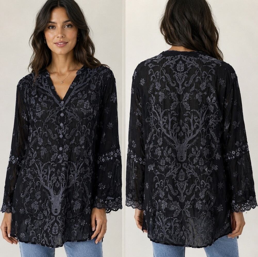 Johnny Was Large Black Embroidered Stag Deer Tunic Blouse Cupra Rayon Boho